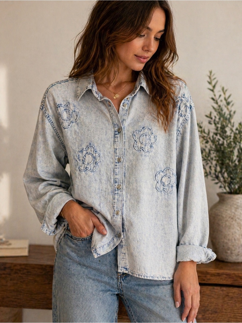 Y2K Jordache Denim Shirt Floral Embroidered Acid Wash Oversized Boho Top M